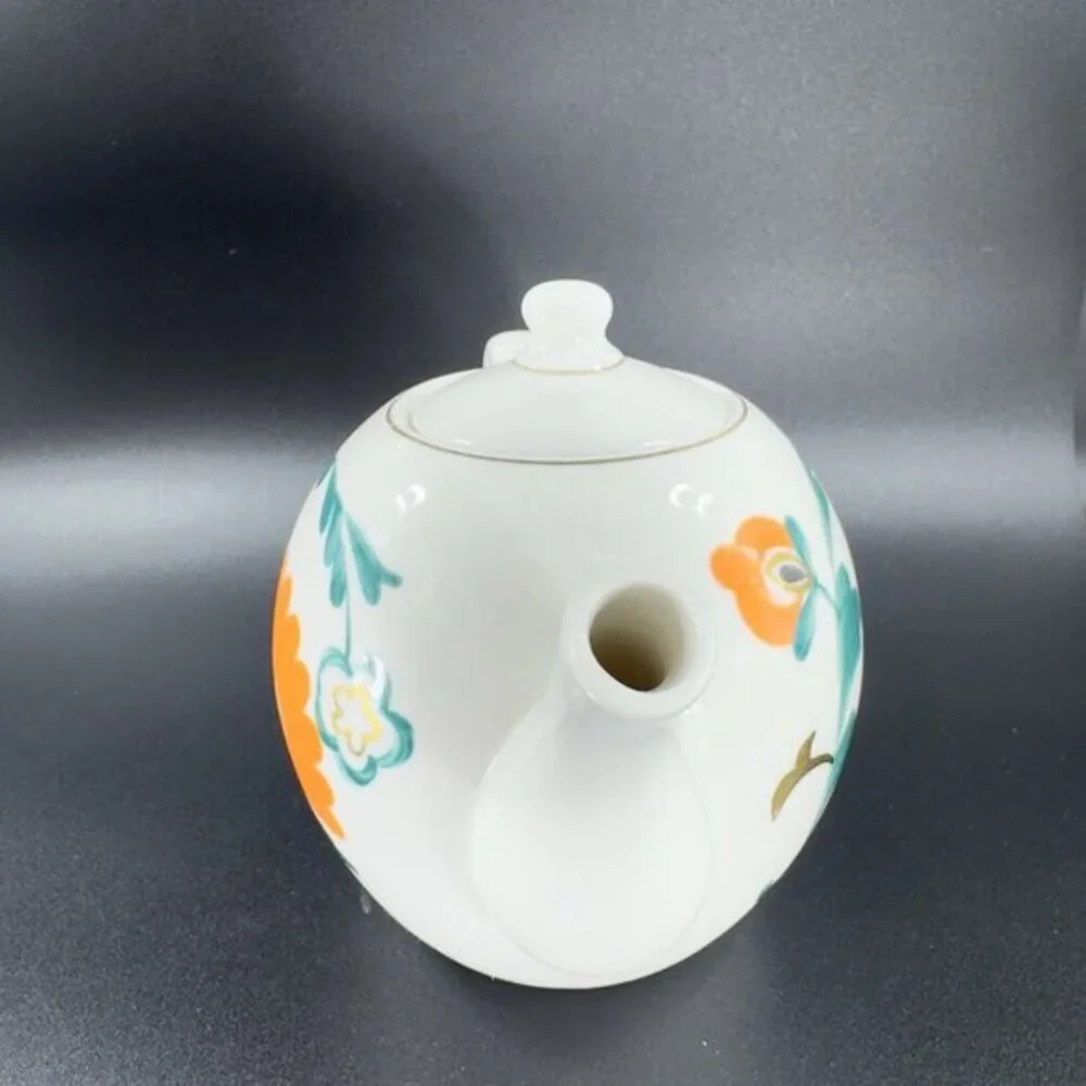 Anthropologie Stoneware‎ Ceramic Teapot Carafe Tea Pot With Green Orange Flowers
